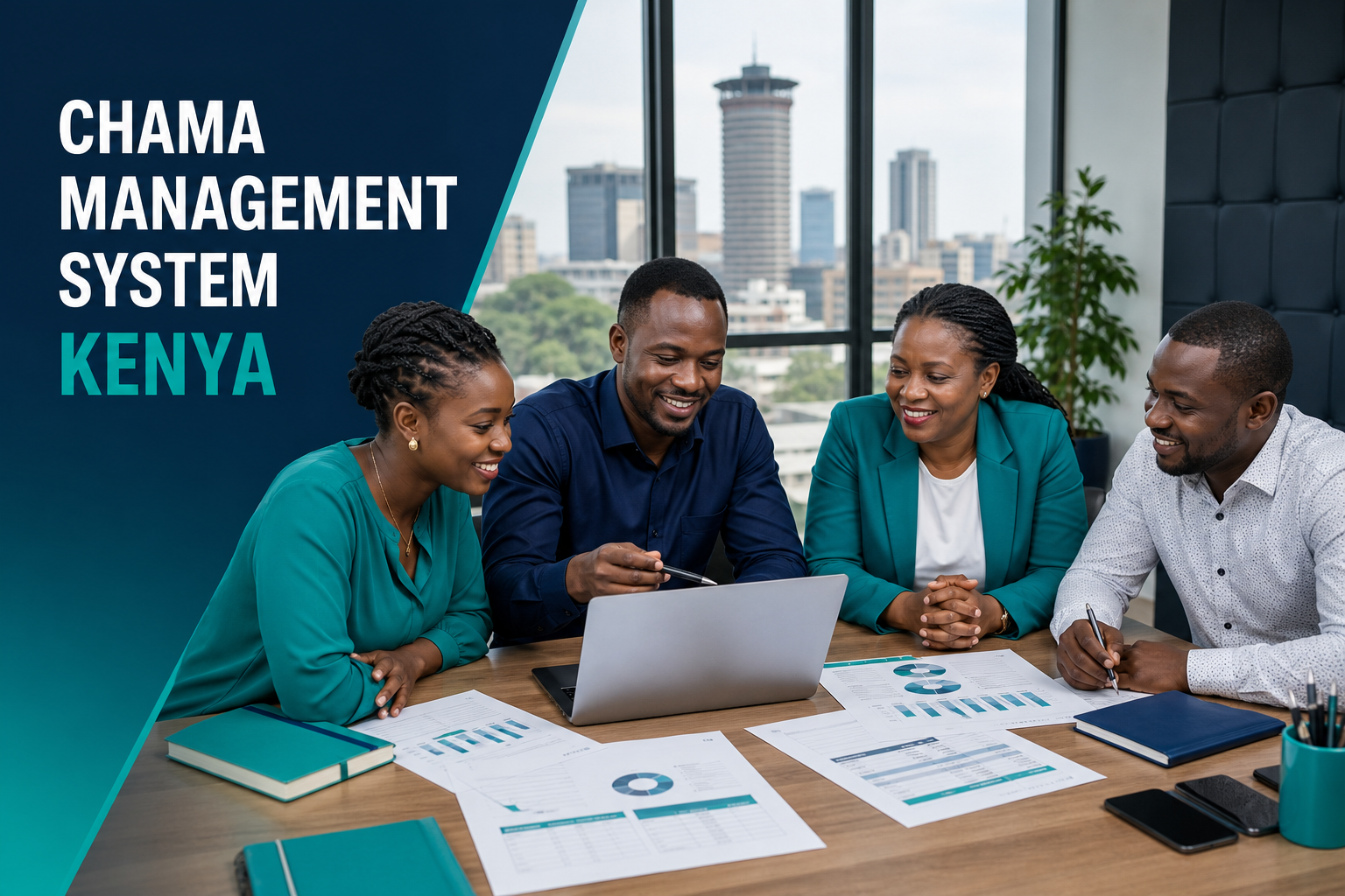 Kenyan chama committee comparing member, contribution, loan and meeting records on a laptop