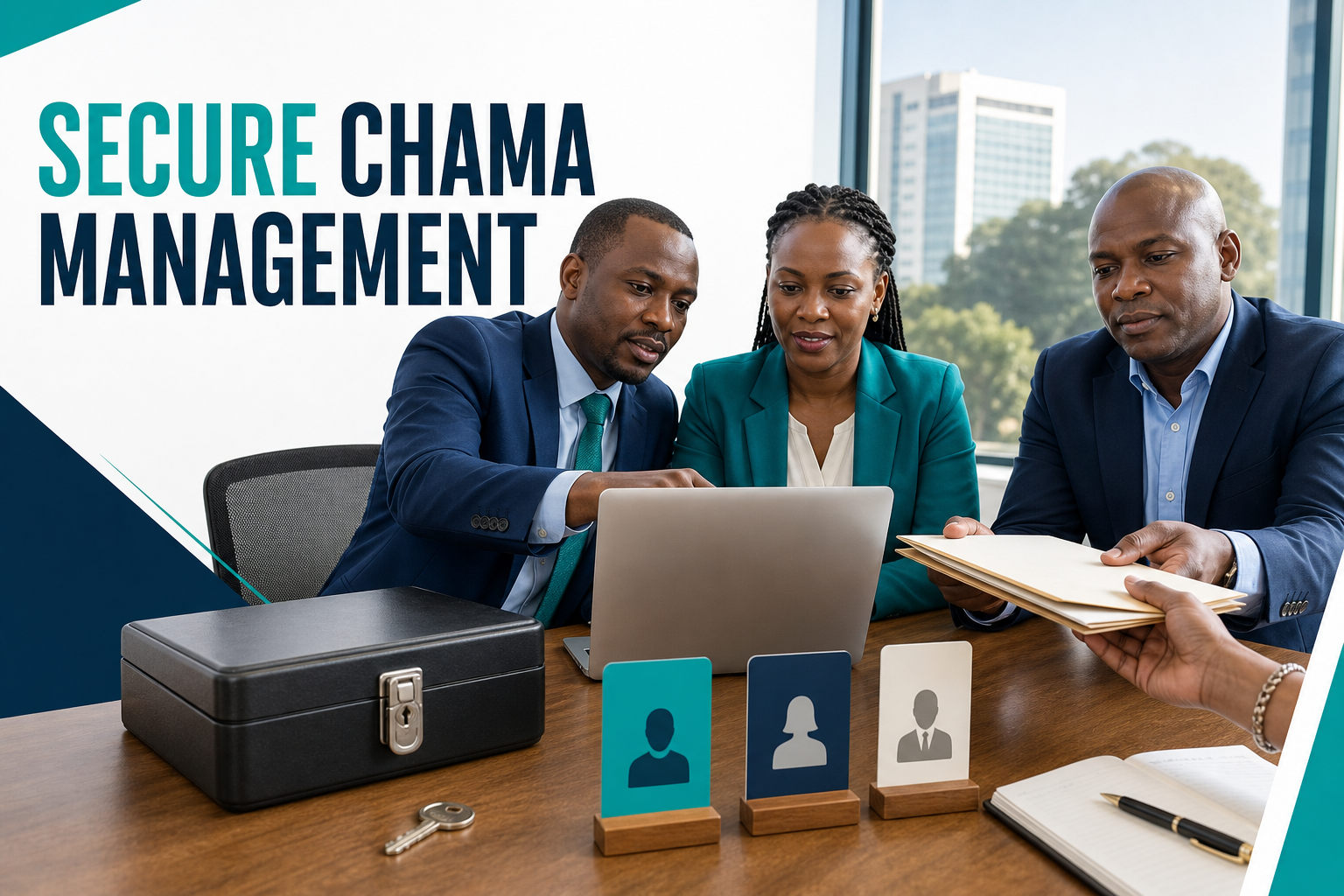 Kenyan officials evaluating a secure chama management system with access and audit controls