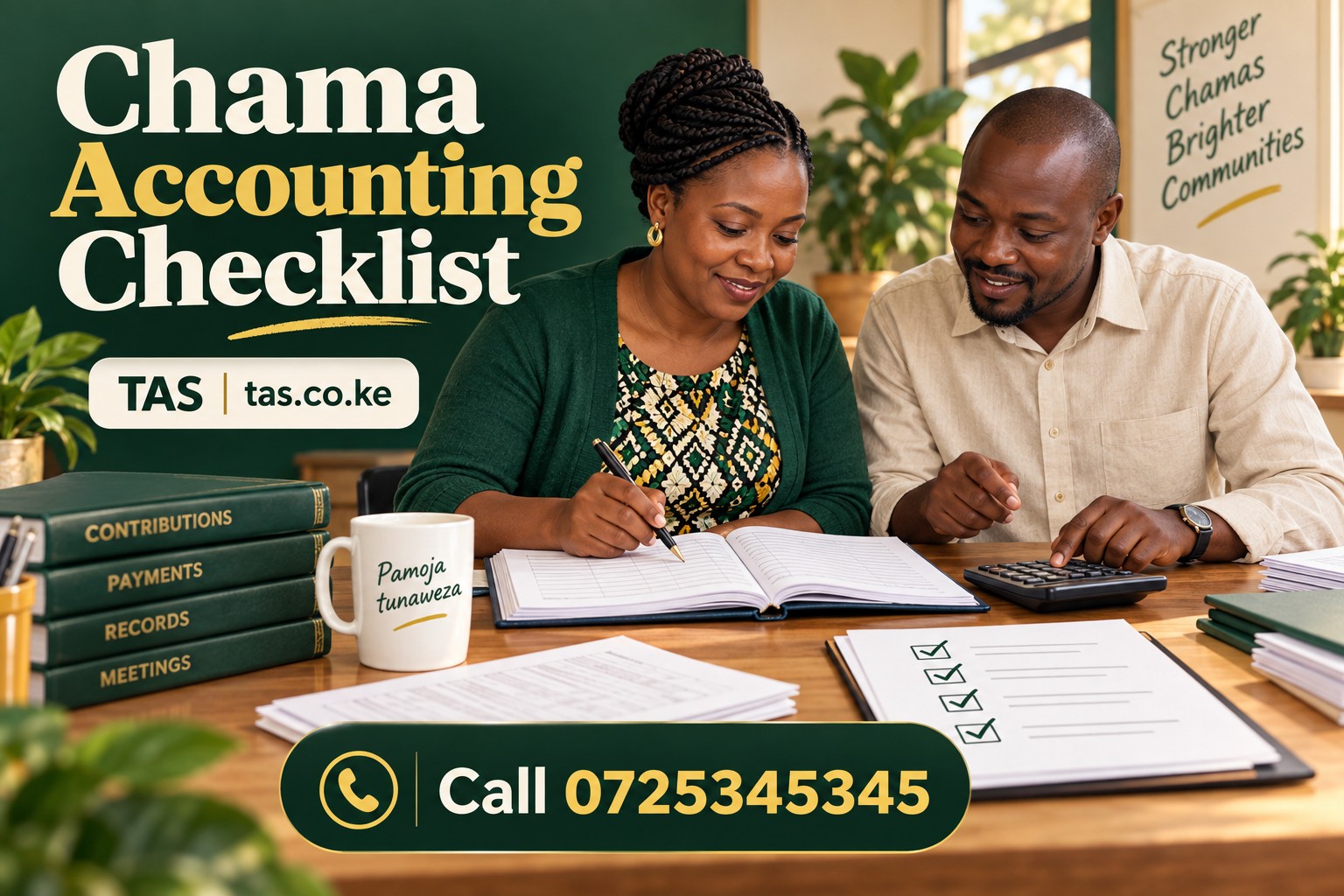 Chama Accounting Checklist illustration of officials reviewing month-end records, with 0725345345