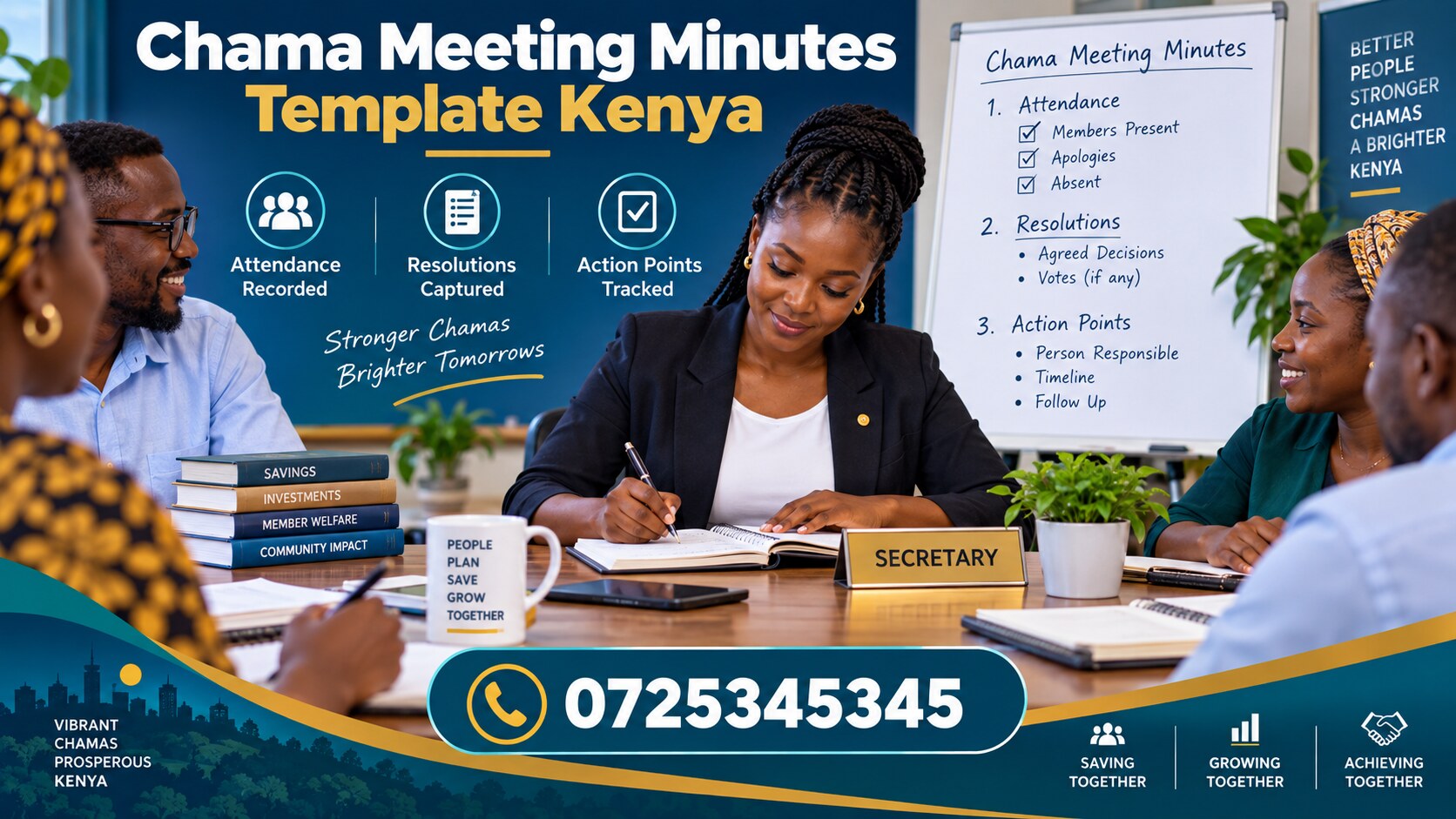 Chama annual records review: group meeting illustration with contact number 0725345345