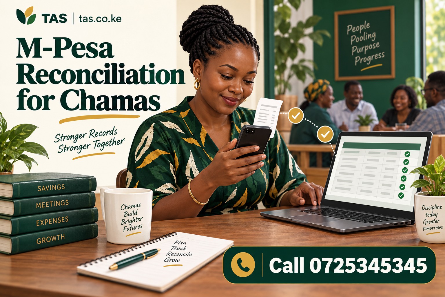 M-Pesa Reconciliation for Chamas illustration of a treasurer matching receipts, with 0725345345