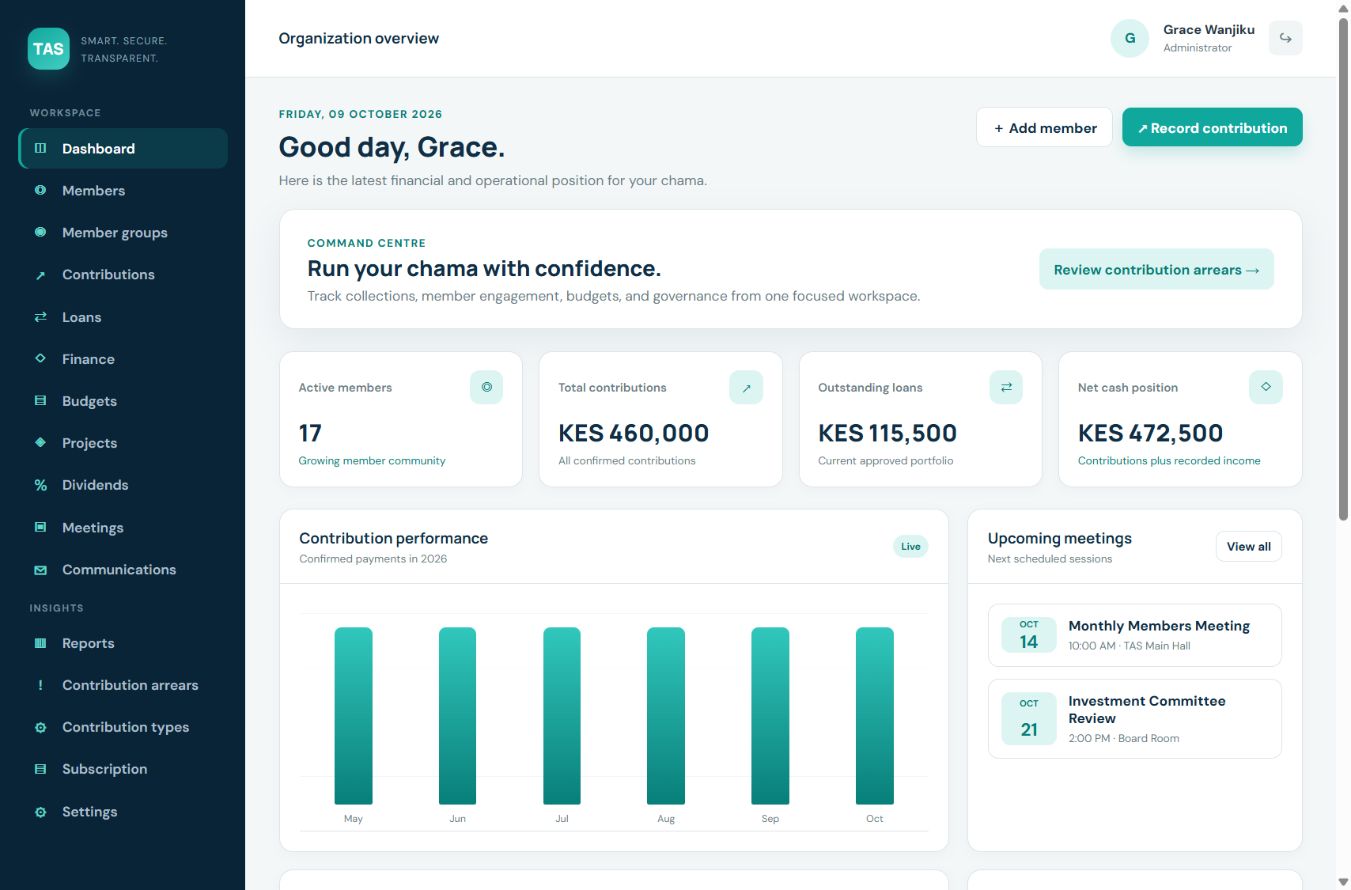 TAS dashboard showing example contributions, loans and recent activity